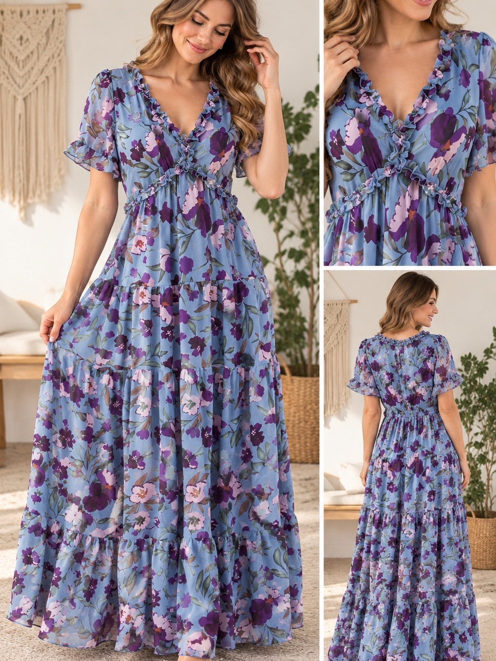 Floral Ruffle V-Neck Maxi Dress - Blue/Purple